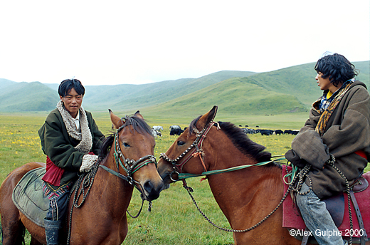 Photographie Couleur - Horizontale - Deux jeunes cavaliers tibétains sur fond de prairies