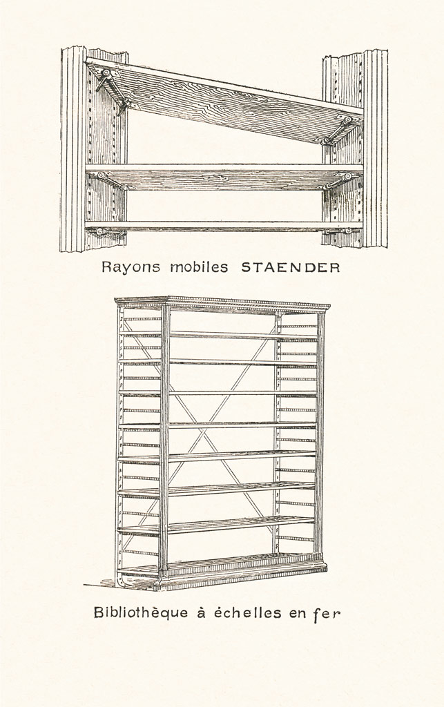 Rayons mobiles Staender et bibliothèque à échelles de fer.